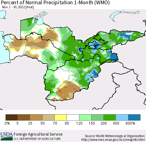 Central Asia Percent of Normal Precipitation 1-Month (WMO) Thematic Map For 11/1/2022 - 11/30/2022