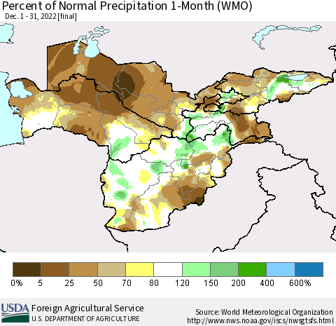 Central Asia Percent of Normal Precipitation 1-Month (WMO) Thematic Map For 12/1/2022 - 12/31/2022