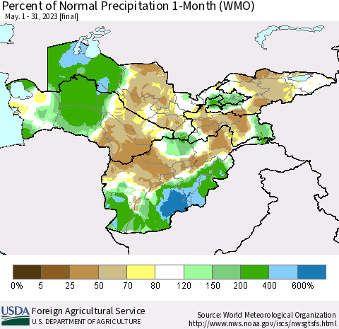 Central Asia Percent of Normal Precipitation 1-Month (WMO) Thematic Map For 5/1/2023 - 5/31/2023