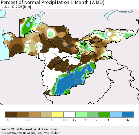 Central Asia Percent of Normal Precipitation 1-Month (WMO) Thematic Map For 7/1/2023 - 7/31/2023