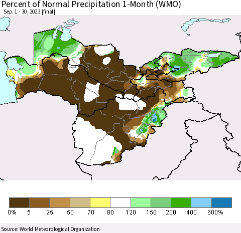 Central Asia Percent of Normal Precipitation 1-Month (WMO) Thematic Map For 9/1/2023 - 9/30/2023