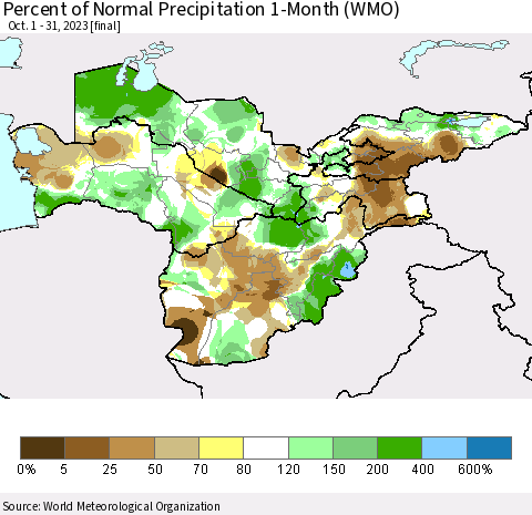 Central Asia Percent of Normal Precipitation 1-Month (WMO) Thematic Map For 10/1/2023 - 10/31/2023
