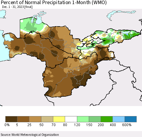 Central Asia Percent of Normal Precipitation 1-Month (WMO) Thematic Map For 12/1/2023 - 12/31/2023