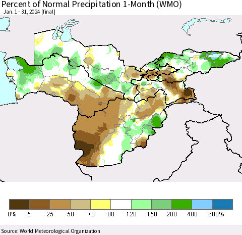 Central Asia Percent of Normal Precipitation 1-Month (WMO) Thematic Map For 1/1/2024 - 1/31/2024