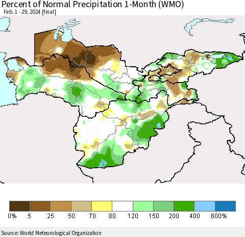 Central Asia Percent of Normal Precipitation 1-Month (WMO) Thematic Map For 2/1/2024 - 2/29/2024