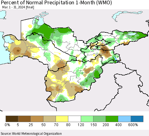 Central Asia Percent of Normal Precipitation 1-Month (WMO) Thematic Map For 3/1/2024 - 3/31/2024