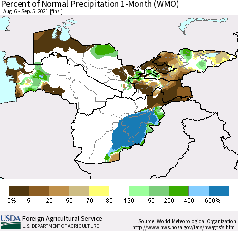 Central Asia Percent of Normal Precipitation 1-Month (WMO) Thematic Map For 8/6/2021 - 9/5/2021