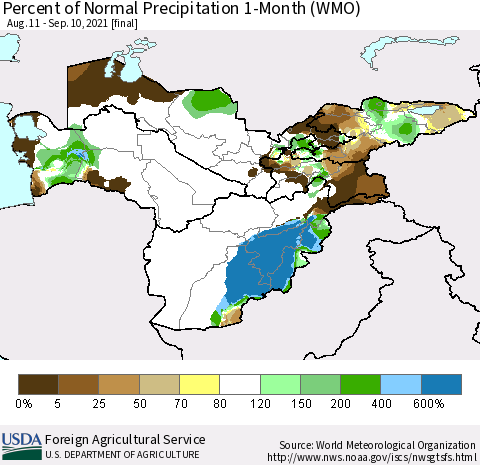 Central Asia Percent of Normal Precipitation 1-Month (WMO) Thematic Map For 8/11/2021 - 9/10/2021