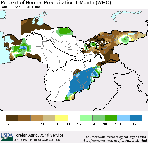 Central Asia Percent of Normal Precipitation 1-Month (WMO) Thematic Map For 8/16/2021 - 9/15/2021