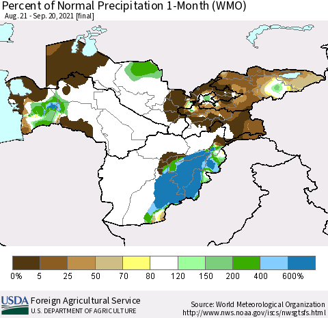 Central Asia Percent of Normal Precipitation 1-Month (WMO) Thematic Map For 8/21/2021 - 9/20/2021