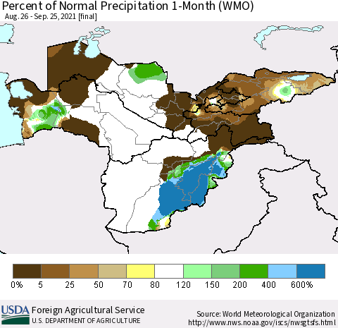 Central Asia Percent of Normal Precipitation 1-Month (WMO) Thematic Map For 8/26/2021 - 9/25/2021