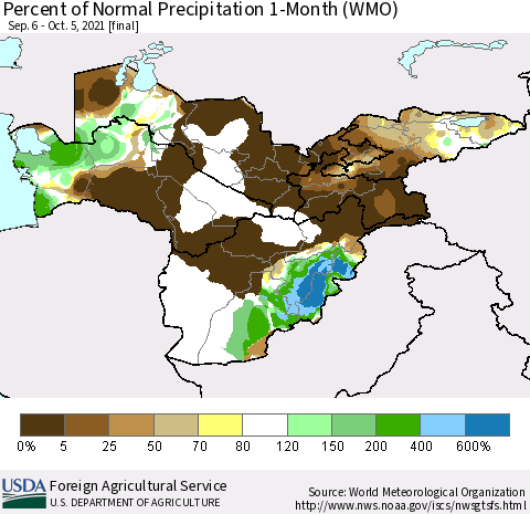 Central Asia Percent of Normal Precipitation 1-Month (WMO) Thematic Map For 9/6/2021 - 10/5/2021