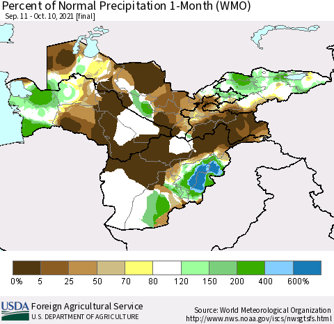 Central Asia Percent of Normal Precipitation 1-Month (WMO) Thematic Map For 9/11/2021 - 10/10/2021
