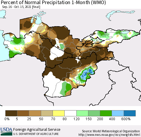 Central Asia Percent of Normal Precipitation 1-Month (WMO) Thematic Map For 9/16/2021 - 10/15/2021