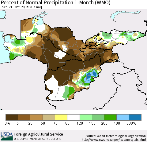 Central Asia Percent of Normal Precipitation 1-Month (WMO) Thematic Map For 9/21/2021 - 10/20/2021