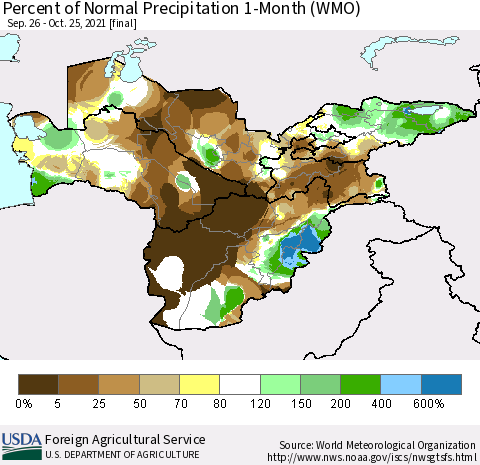 Central Asia Percent of Normal Precipitation 1-Month (WMO) Thematic Map For 9/26/2021 - 10/25/2021