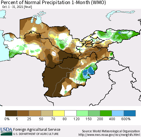 Central Asia Percent of Normal Precipitation 1-Month (WMO) Thematic Map For 10/1/2021 - 10/31/2021