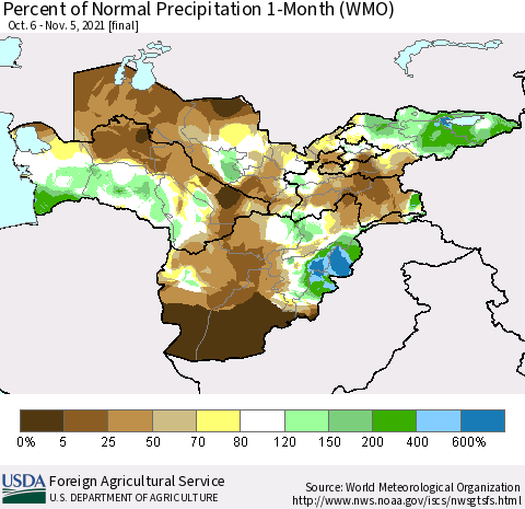 Central Asia Percent of Normal Precipitation 1-Month (WMO) Thematic Map For 10/6/2021 - 11/5/2021