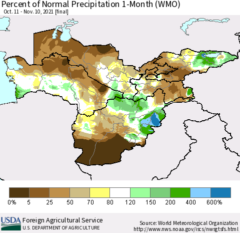 Central Asia Percent of Normal Precipitation 1-Month (WMO) Thematic Map For 10/11/2021 - 11/10/2021