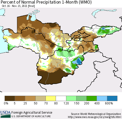 Central Asia Percent of Normal Precipitation 1-Month (WMO) Thematic Map For 10/16/2021 - 11/15/2021