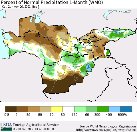 Central Asia Percent of Normal Precipitation 1-Month (WMO) Thematic Map For 10/21/2021 - 11/20/2021