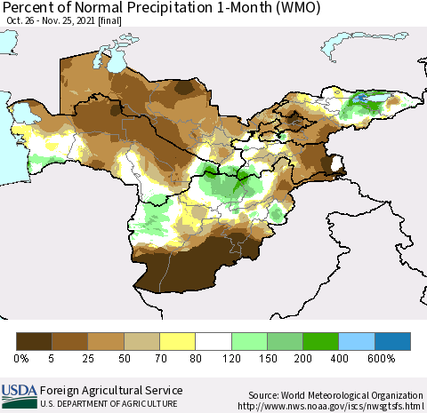 Central Asia Percent of Normal Precipitation 1-Month (WMO) Thematic Map For 10/26/2021 - 11/25/2021