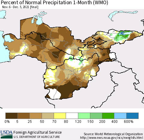 Central Asia Percent of Normal Precipitation 1-Month (WMO) Thematic Map For 11/6/2021 - 12/5/2021