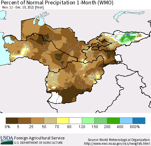 Central Asia Percent of Normal Precipitation 1-Month (WMO) Thematic Map For 11/11/2021 - 12/10/2021