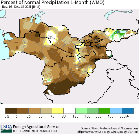 Central Asia Percent of Normal Precipitation 1-Month (WMO) Thematic Map For 11/16/2021 - 12/15/2021