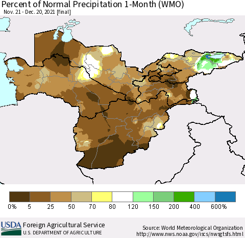 Central Asia Percent of Normal Precipitation 1-Month (WMO) Thematic Map For 11/21/2021 - 12/20/2021