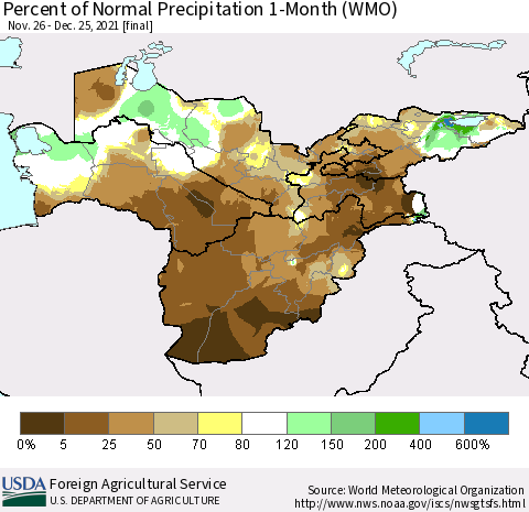 Central Asia Percent of Normal Precipitation 1-Month (WMO) Thematic Map For 11/26/2021 - 12/25/2021