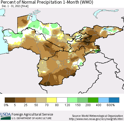 Central Asia Percent of Normal Precipitation 1-Month (WMO) Thematic Map For 12/1/2021 - 12/31/2021