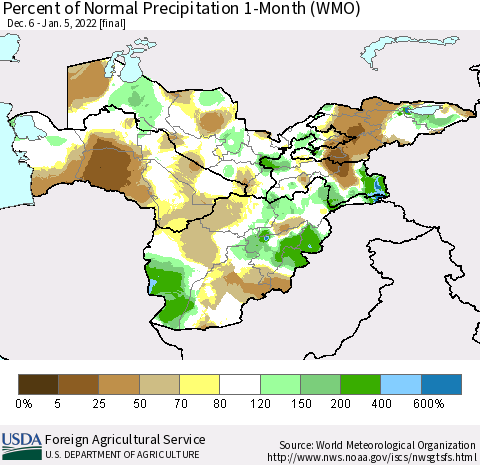 Central Asia Percent of Normal Precipitation 1-Month (WMO) Thematic Map For 12/6/2021 - 1/5/2022