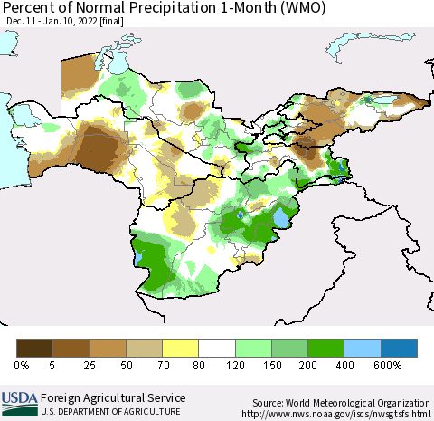 Central Asia Percent of Normal Precipitation 1-Month (WMO) Thematic Map For 12/11/2021 - 1/10/2022