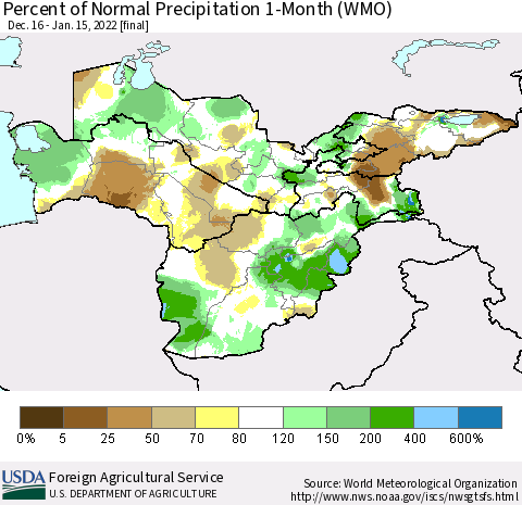 Central Asia Percent of Normal Precipitation 1-Month (WMO) Thematic Map For 12/16/2021 - 1/15/2022
