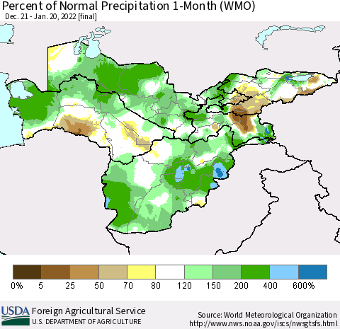 Central Asia Percent of Normal Precipitation 1-Month (WMO) Thematic Map For 12/21/2021 - 1/20/2022