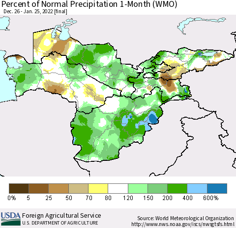 Central Asia Percent of Normal Precipitation 1-Month (WMO) Thematic Map For 12/26/2021 - 1/25/2022
