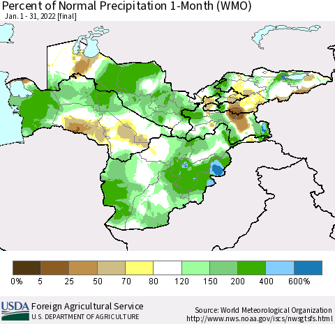 Central Asia Percent of Normal Precipitation 1-Month (WMO) Thematic Map For 1/1/2022 - 1/31/2022