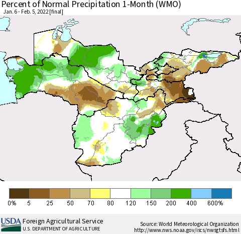 Central Asia Percent of Normal Precipitation 1-Month (WMO) Thematic Map For 1/6/2022 - 2/5/2022