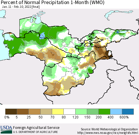 Central Asia Percent of Normal Precipitation 1-Month (WMO) Thematic Map For 1/11/2022 - 2/10/2022