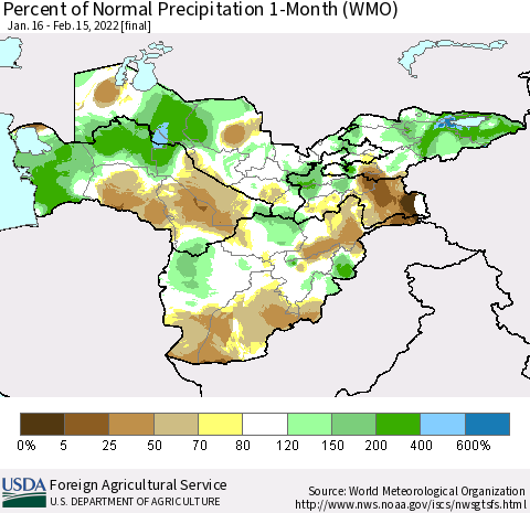 Central Asia Percent of Normal Precipitation 1-Month (WMO) Thematic Map For 1/16/2022 - 2/15/2022