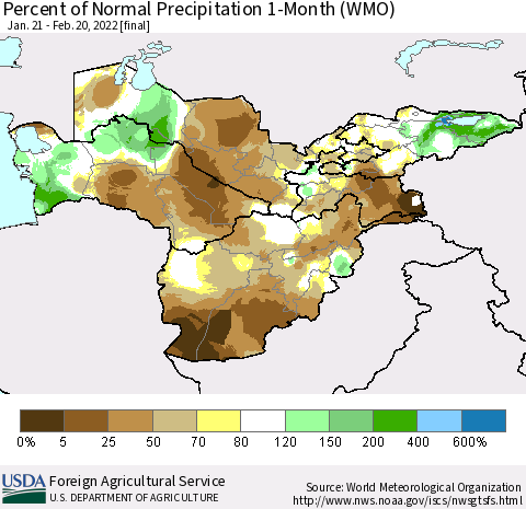 Central Asia Percent of Normal Precipitation 1-Month (WMO) Thematic Map For 1/21/2022 - 2/20/2022