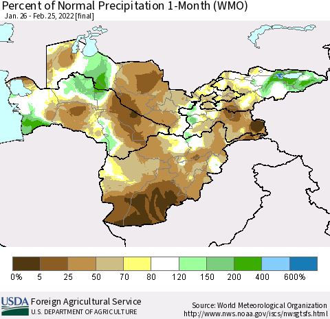 Central Asia Percent of Normal Precipitation 1-Month (WMO) Thematic Map For 1/26/2022 - 2/25/2022
