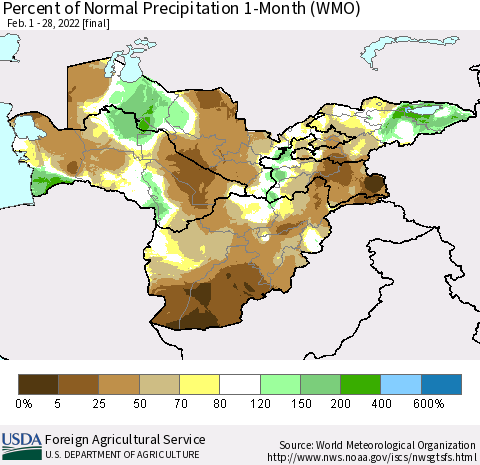 Central Asia Percent of Normal Precipitation 1-Month (WMO) Thematic Map For 2/1/2022 - 2/28/2022