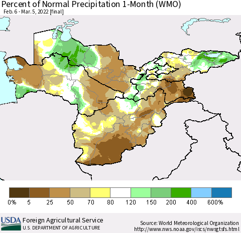 Central Asia Percent of Normal Precipitation 1-Month (WMO) Thematic Map For 2/6/2022 - 3/5/2022
