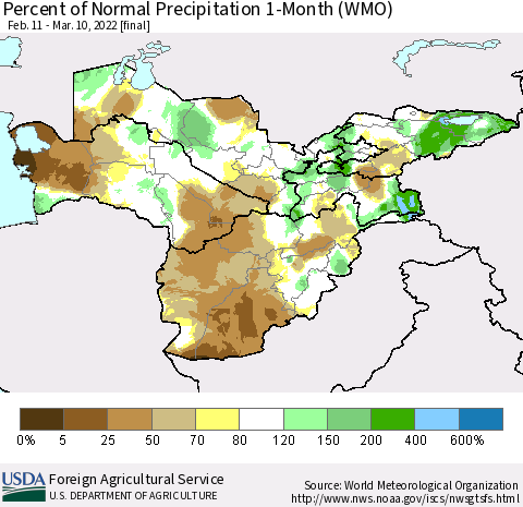 Central Asia Percent of Normal Precipitation 1-Month (WMO) Thematic Map For 2/11/2022 - 3/10/2022