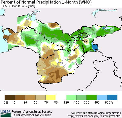 Central Asia Percent of Normal Precipitation 1-Month (WMO) Thematic Map For 2/16/2022 - 3/15/2022