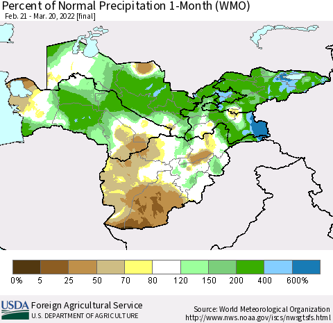 Central Asia Percent of Normal Precipitation 1-Month (WMO) Thematic Map For 2/21/2022 - 3/20/2022