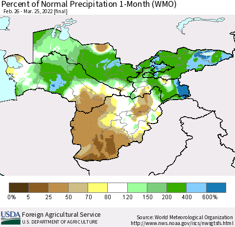 Central Asia Percent of Normal Precipitation 1-Month (WMO) Thematic Map For 2/26/2022 - 3/25/2022