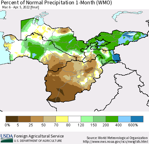 Central Asia Percent of Normal Precipitation 1-Month (WMO) Thematic Map For 3/6/2022 - 4/5/2022